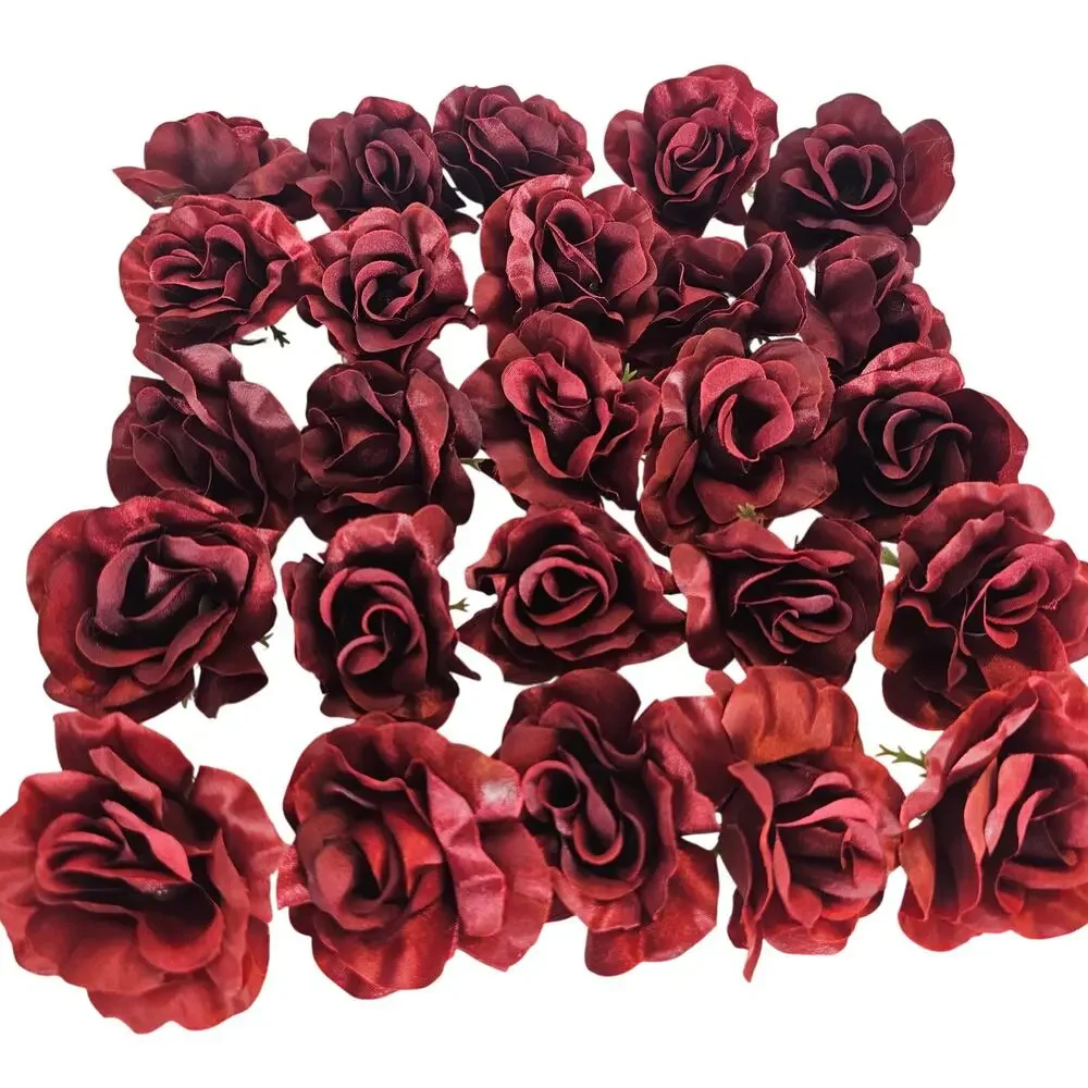 100 Burgundy Red Satin Rose Heads Stemless Wedding Floral Craft DIY 2.5in Flower